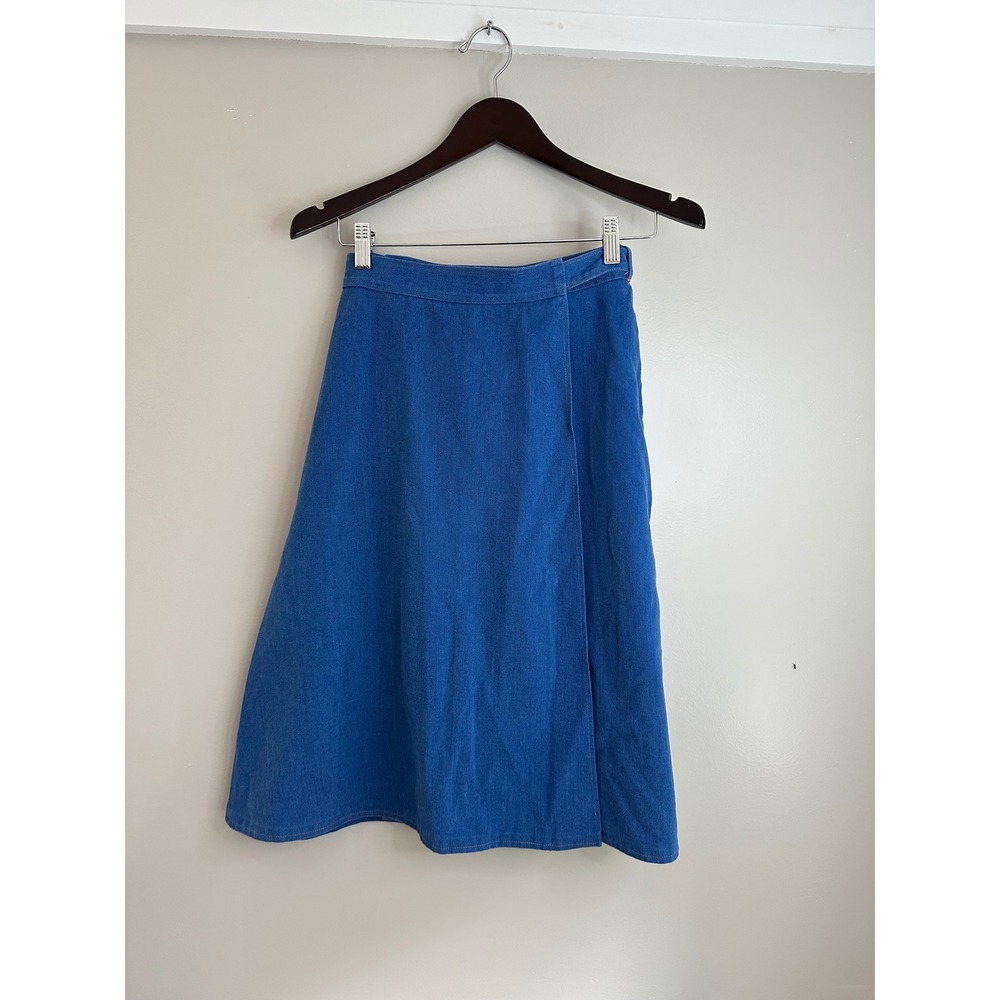St Michael Wrap Skirt Womens 14 Blue EUC Vintage A-Line Denim Look Tie Waist‎